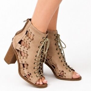 Mollini Jayman Tan Leather Lace-Up Heeled Peep Toe Sandals Women's Size 40 US 10